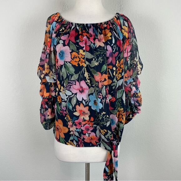 Frank Lyman Navy Floral Elastic Neck Ruffle Sleeve Top 12 - Picture 1 of 7